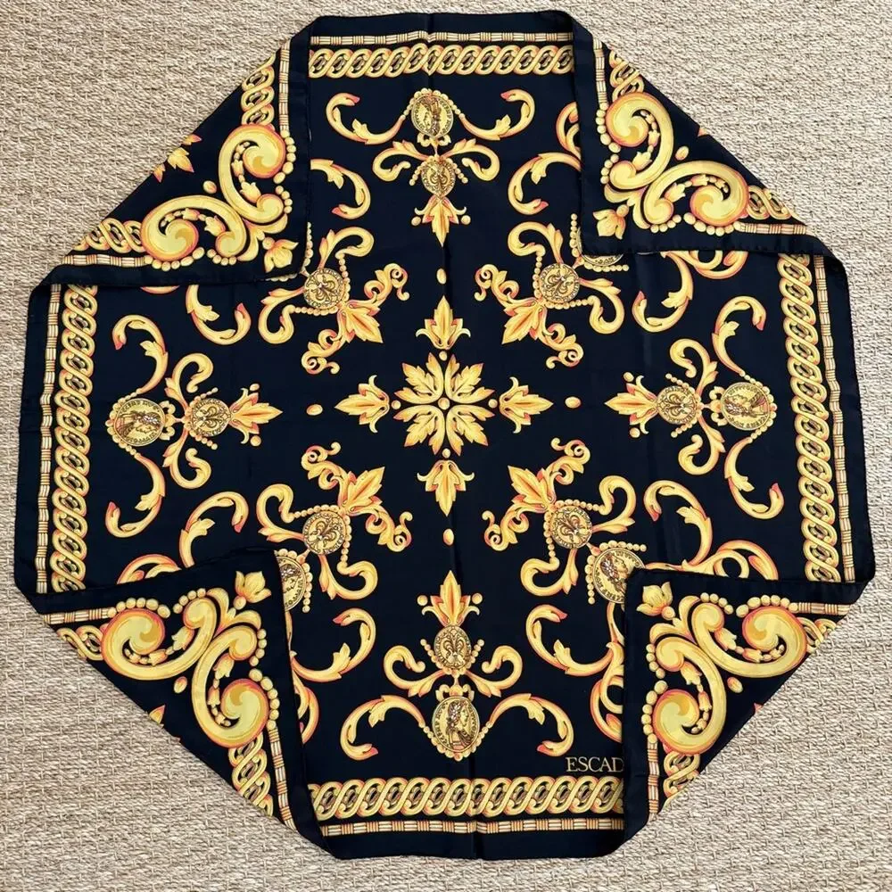 Escada Baroque Gold Black Silk Scarf 34”x35”